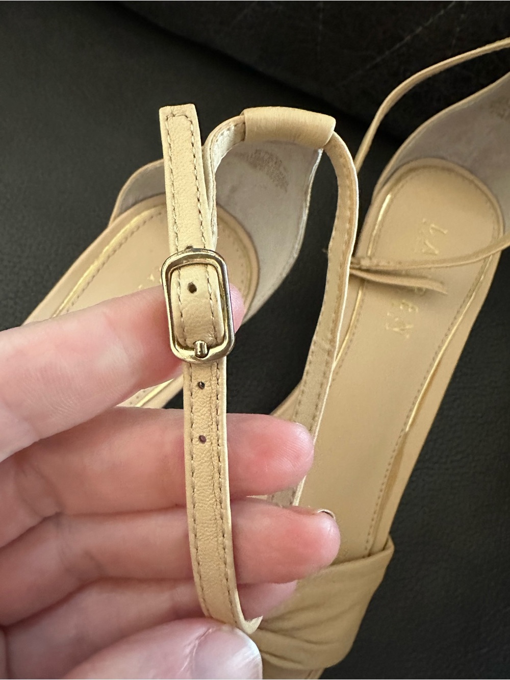 Lauren Ralph Lauren Mireya beige leather knot ankle strap wedge sandals. - Picture 6 of 9